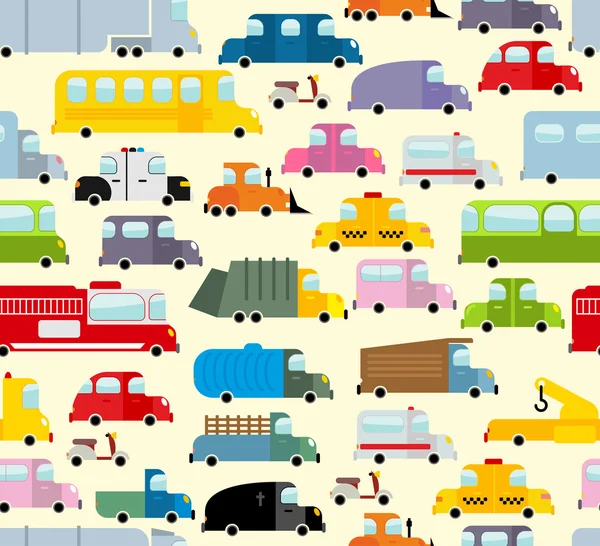 Cartoon car pattern. City traffic jam. Diverse ground Transoprt. — Stock Vector