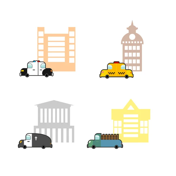 Set cars and buildings. Police and Police Station. Taxi and train station. Hearse and crematoriums. Public buildings and utility vehicles — Stock Vector
