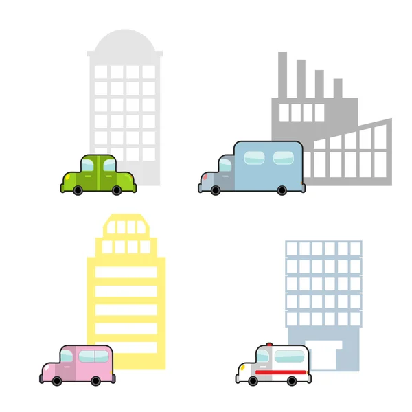 Transport and public buildings set cartoon style. Skyscraper and — Stock Vector
