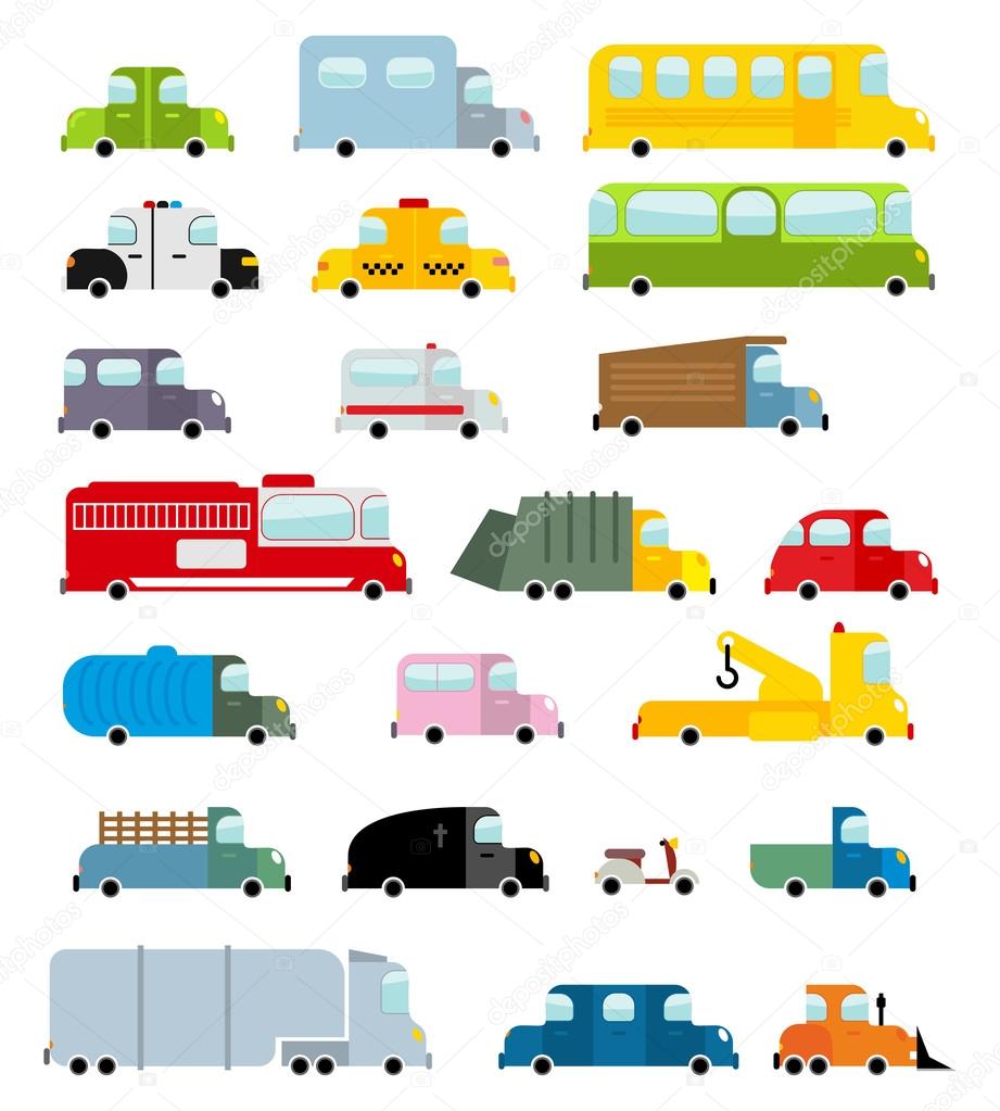 Car set cartoon style. Big transport icons collection. Ground se
