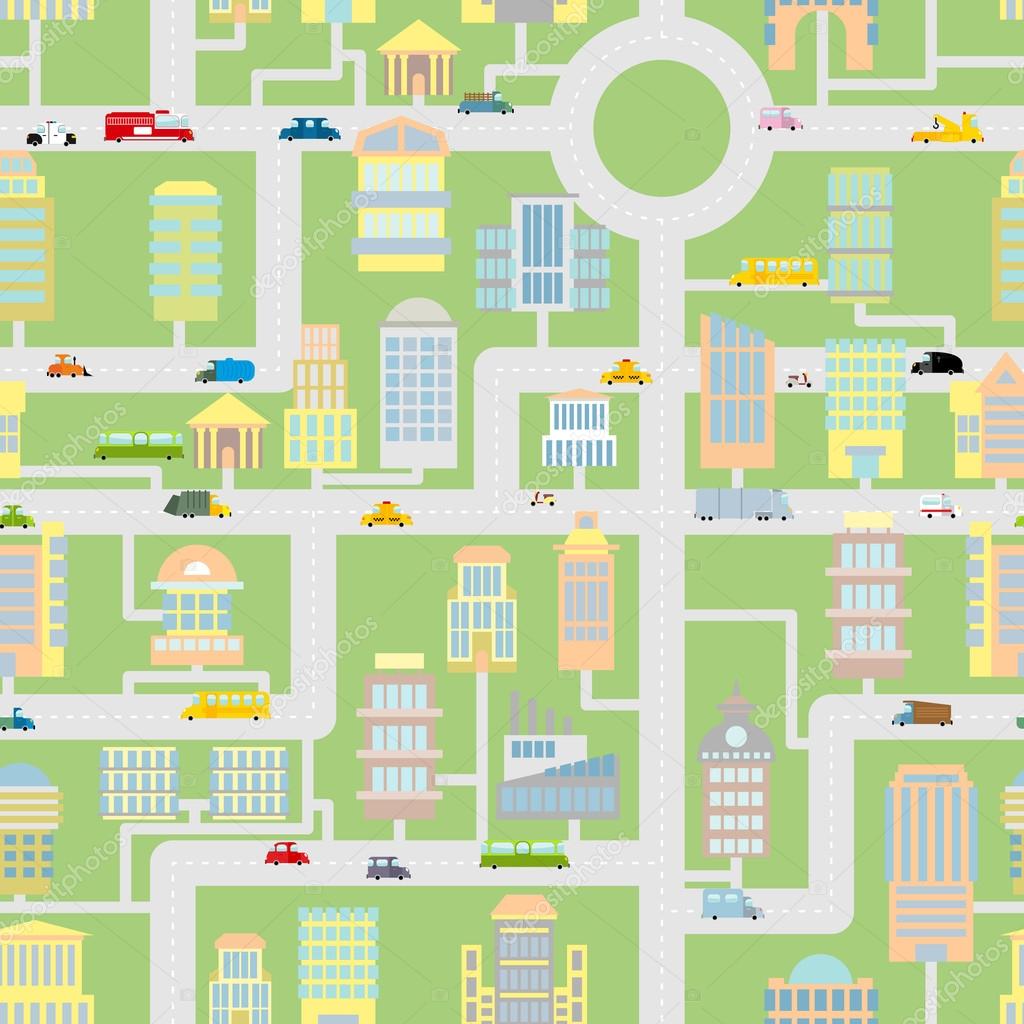 City seamless pattern. Modern metropolis with buildings, cars an