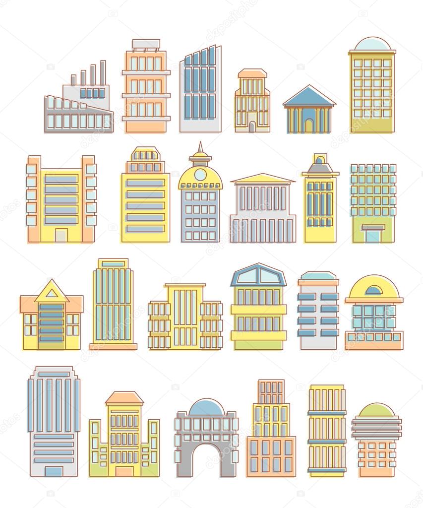 Collection of buildings, houses and architectural objects. Urban