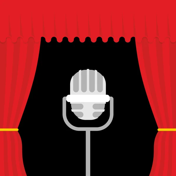 Stage with red curtain and retro microphone. Open theatre curtai — Stock Vector