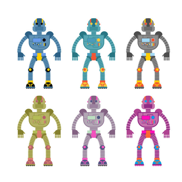 Набор цветных роботов. Ретро-механические игрушки. Винтажные космические киборги
