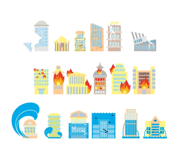 Disaster icon collection. Destruction of buildings set of icons. — Διανυσματικό Αρχείο