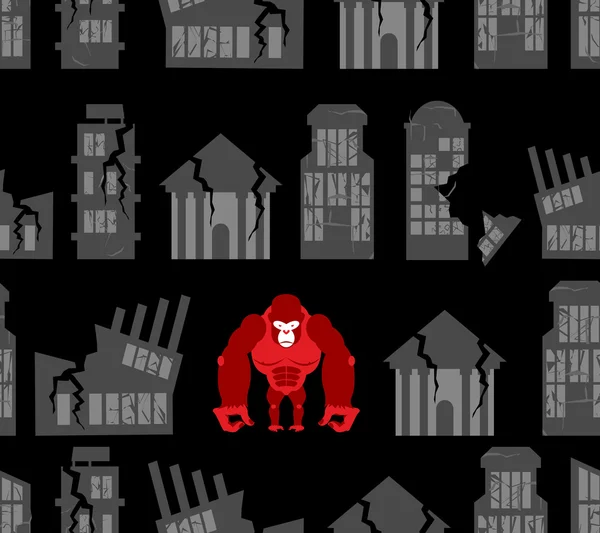 Destructor de monos en la ciudad. Enojado gorila rompió casas y edificio — Vector de stock