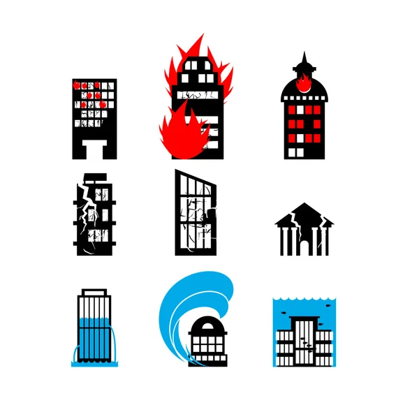 Disaster icon collection. Fire, earthquake and flood. Destroyed — Wektor stockowy