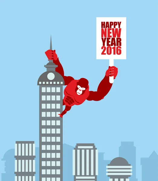 Mono en rascacielos. King Kong tiene un cartel con el año nuevo. Enorme — Vector de stock