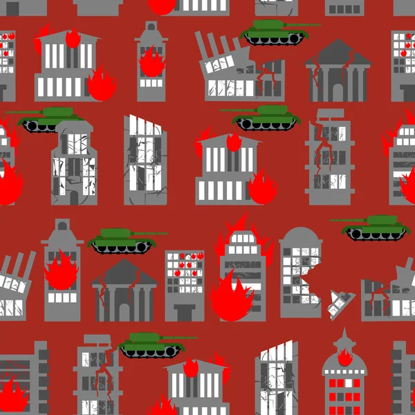 War seamless pattern. Ruined city. Tanks in town. Skyscrapers an — Stock Vector