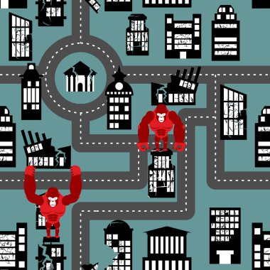 Wild angry Gorilla destroyed city seamless pattern. Big Monkey b
