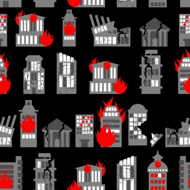 Ruined city seamless pattern. Ruins of buildings. Fire in homes.