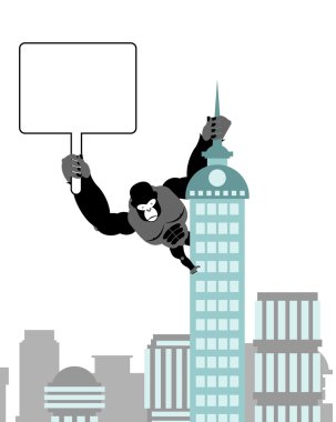 Gorilla holding blank worksheet, nameplate. Wild strong Monkey o