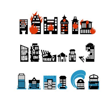 Silhouettes of buildings from natural disasters. Destruction of