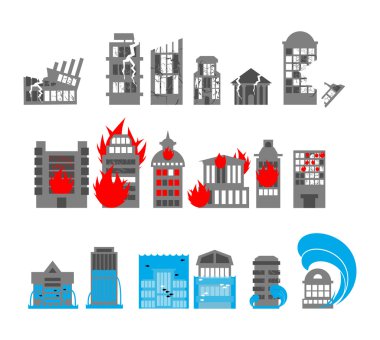 Set building disasters destruction. Flood and fire in public bui