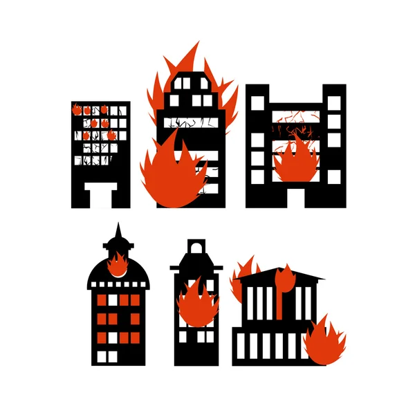 Fire  building. Set of icons lit city buildings. Emergency incid — Stok Vektör