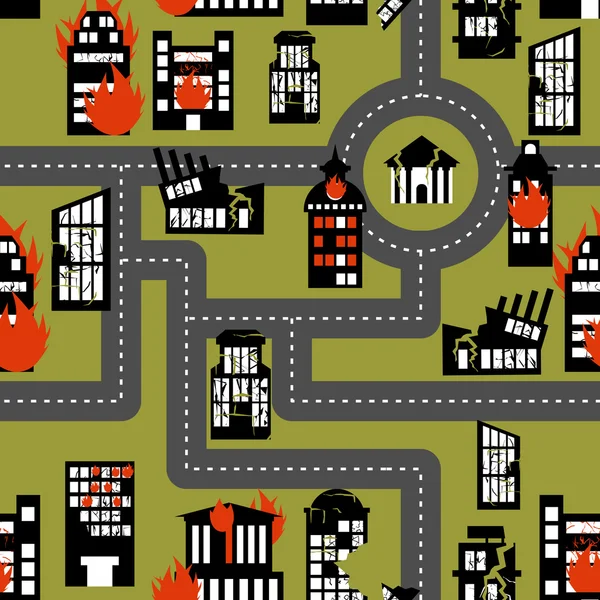 Earthquake in seamless pattern. Urban structures destroyed. Fire — Stok Vektör