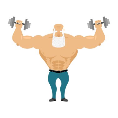 Old Santa trains with free weights. Old man with a grizzled bear