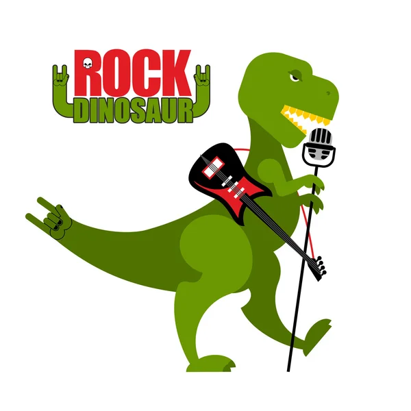 Dinossauro rock. O Tiranossauro está a cantar em microfone. Dino T - — Vetor de Stock