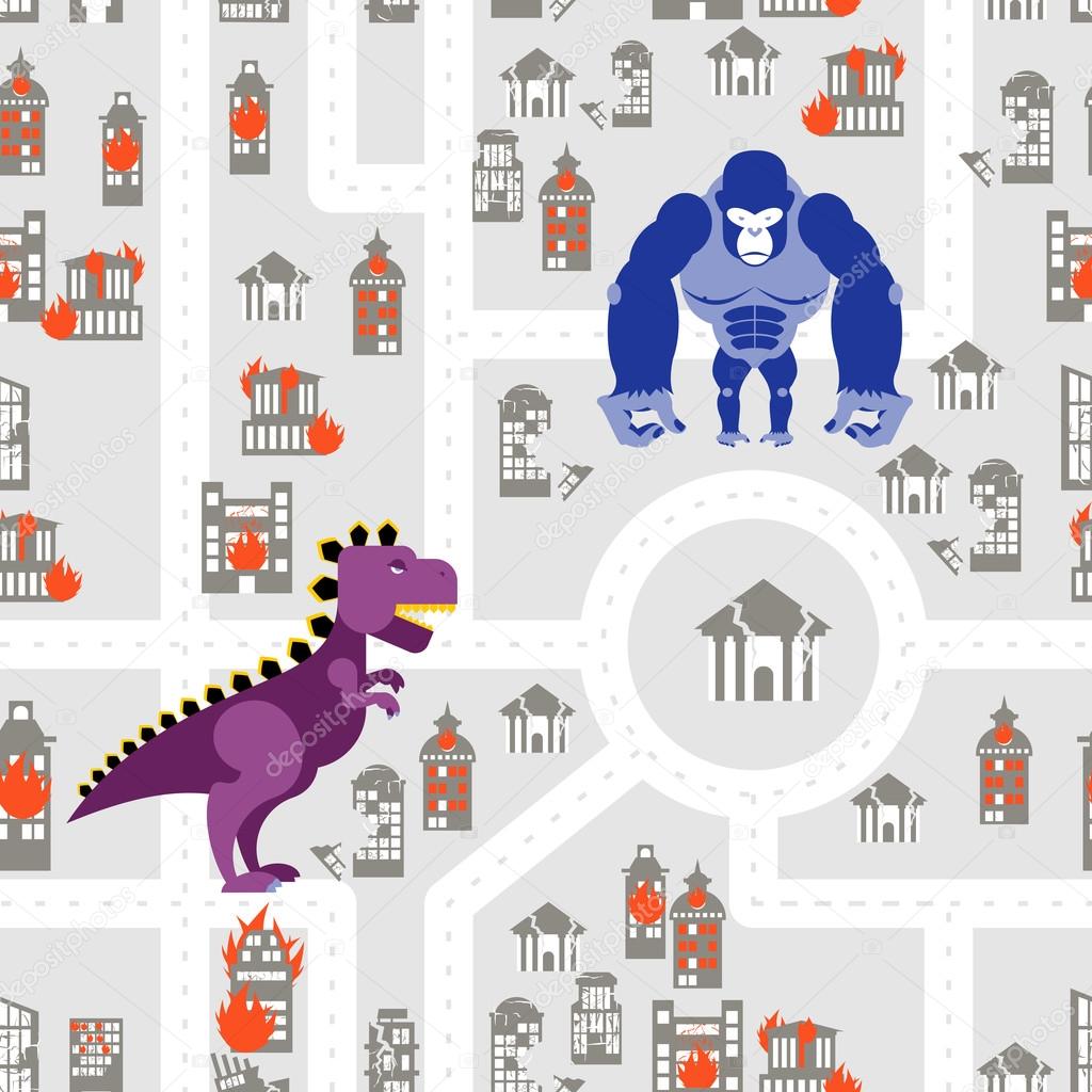 Monsters to destroy city seamless pattern. Godzilla and King Kon