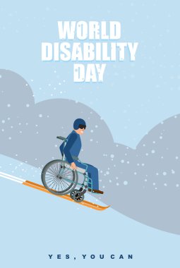 World Disabilities day. Man in wheelchair goes to skiing down  m