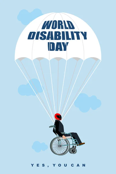 World Disabilities day. Man in  wheelchair goes down on parachut — Wektor stockowy