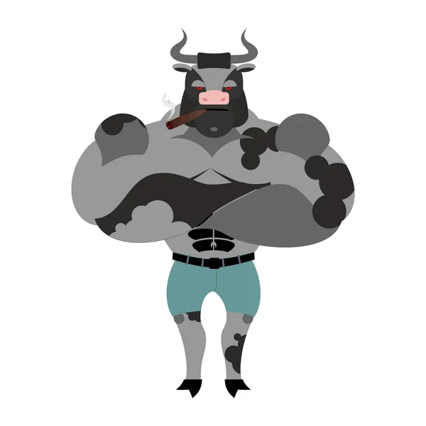 วัวตัวใหญ่และแข็งแรง นักเพาะกายสัตว์ฟาร์มที่มีเขาขนาดใหญ่ อี — ภาพเวกเตอร์สต็อก