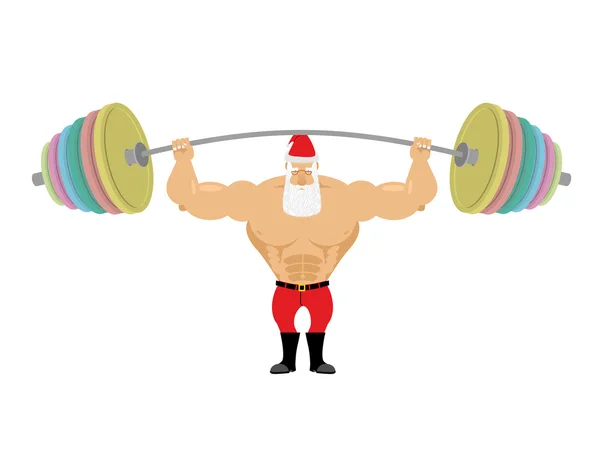 Santa Claus and barbell. Bench press barbell above his head. Exe — Stockvector