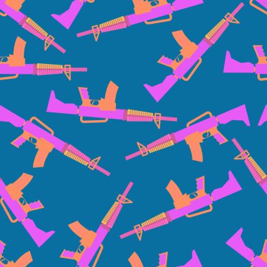 Toy guns seamless pattern. Pink slots on blue background. Cheerf