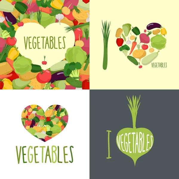 Me encantan las verduras. Conjunto de logos para amantes de la comida. Símbolo corazón de — Vector de stock