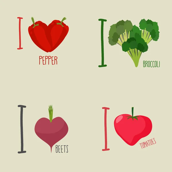 I love vegetables: broccoli and beetroot. Symbol heart of pepper — Stock Vector