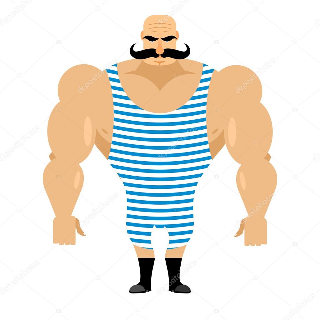 Retro strongman sportsman. Ancient bodybuilder with mustache. At