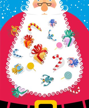 Santa Claus with big white beard. Gifts and toys for kids poking clipart