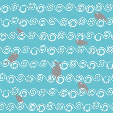 Fish waves seamless pattern. Sea dwellers dive in sea. Ocean wit