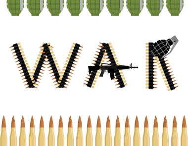 War. Letters from  Bandolier Tape bullets. Text of military equi
