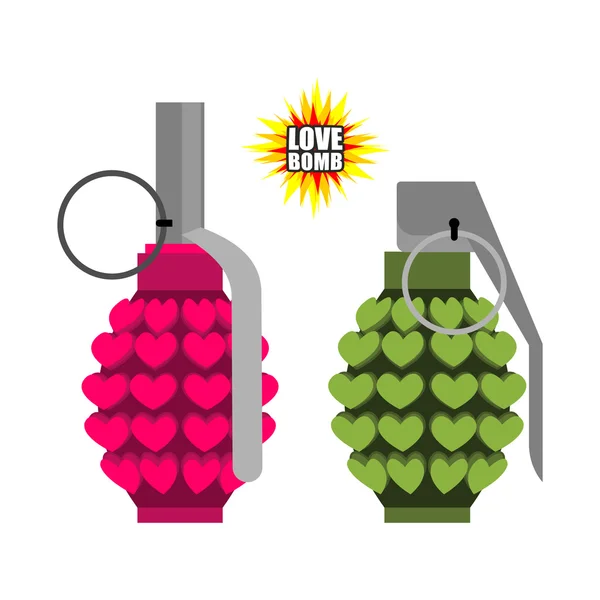 Love bomb. Hand grenade from  hearts. Pink military projectile h — Stock Vector