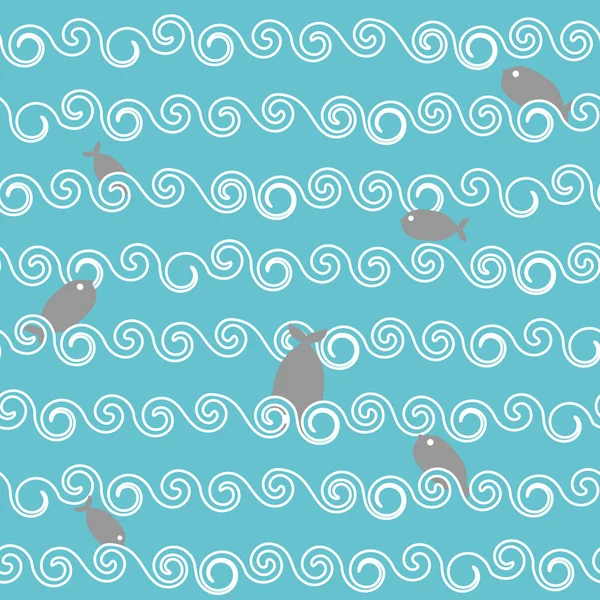 Fish waves seamless pattern. Sea dwellers dive in sea. Ocean wit — Stockvector