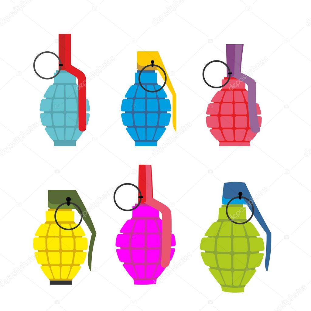 Set colored hand grenades. Fun colorful military ammunition. Arm