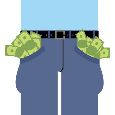 Pockets many money. Jeans full of cash. Rich man in pants. Dolla