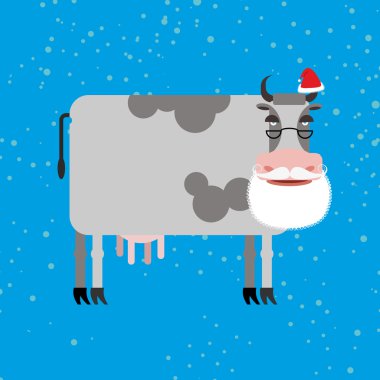 Cow Santa Claus. Farm animal with beard and moustache. Christmas