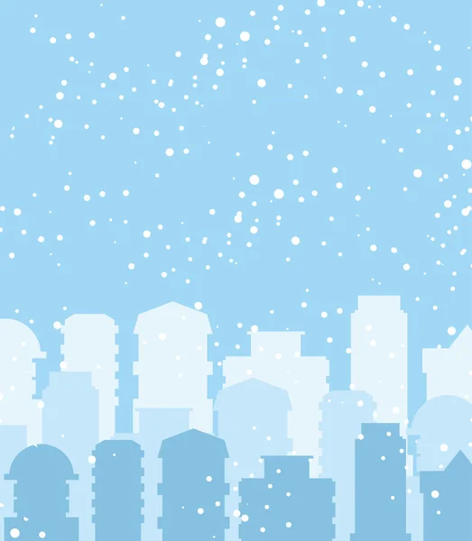 Winterstadt. Schnee fällt auf Gebäude. Himmel mit Schneeflocken. Wolkenkratzer — Stockvektor