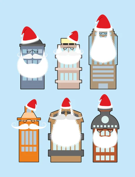 Set of buildings with beard and mustache Santa Claus. Decorating — Stok Vektör