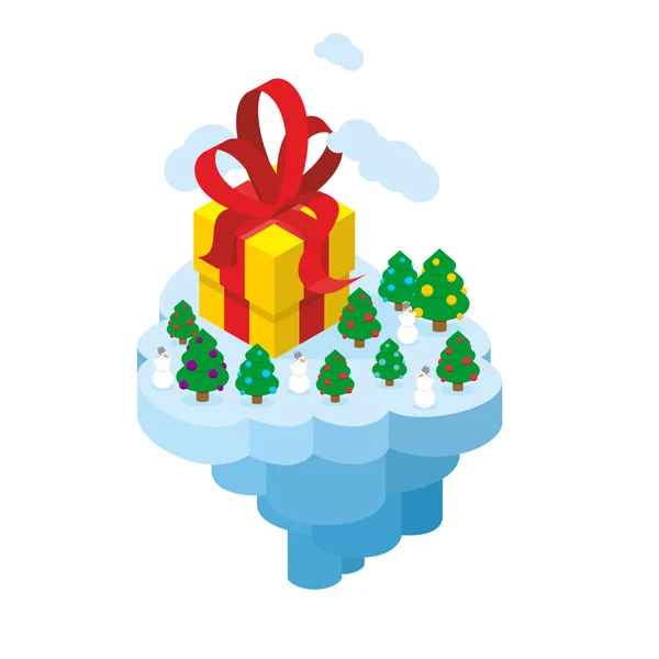 Летающий остров Рождества. Подарок и елка для фантастической e — стоковый вектор