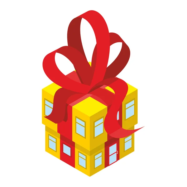 Presente de caixa de construção com arco vermelho. Casa Amarela com fita adesiva. Em festi — Vetor de Stock