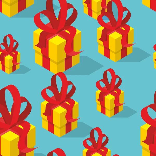 Regalos patrón sin costuras. Caja de regalo amarillo y lazo. Fondos festivos — Vector de stock