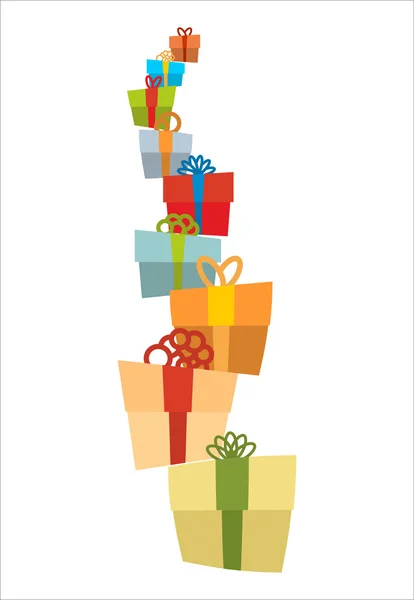 Un montón de regalos. Montón de cajas de regalo. Torre de regalos con arcos. M — Vector de stock