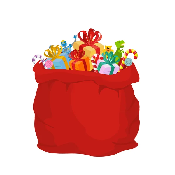 Bolsa com presentes Papai Noel. Saco de férias festivo vermelho grande. Muitos gi — Vetor de Stock