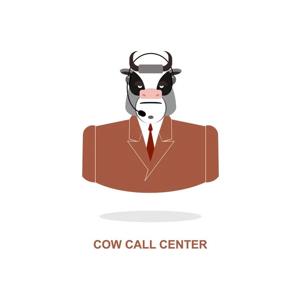 Centro de llamadas de vacas. Toro con auriculares. Granja animal traje responder — Vector de stock