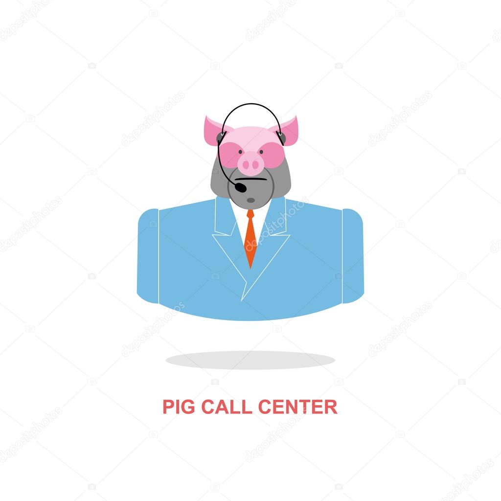 Pig call Center. Pig with headset. Farm animal costume responds 