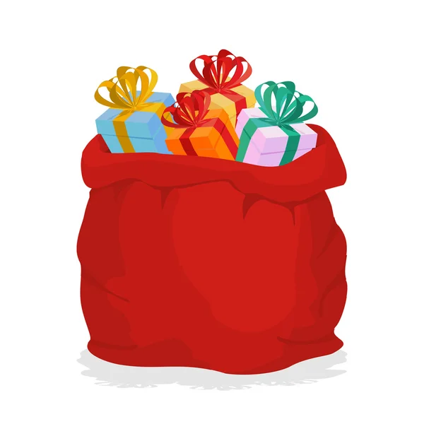 Sac rouge Père Noël avec des cadeaux. Sac cadeau extérieur de vacances avec b — Image vectorielle