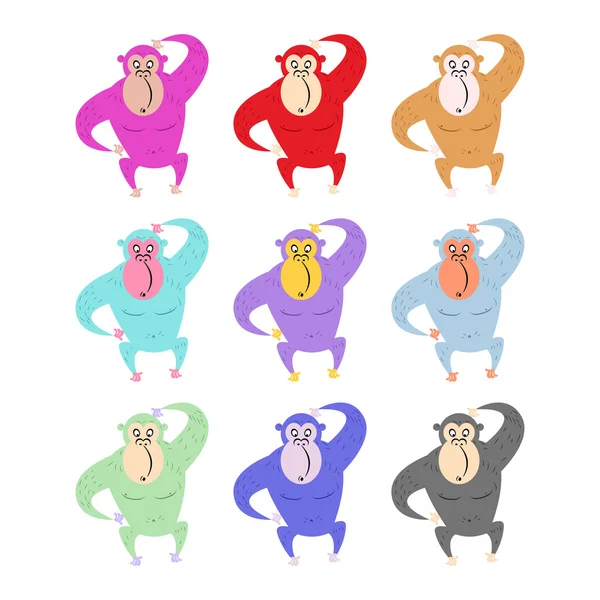 Set of colored monkeys. Funny gorilla. Cute primacy of different — Stock Vector